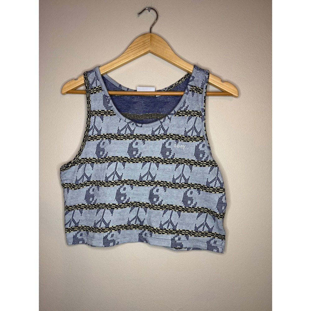 Obey Womens Blue Peace Sign Knit Crop Tank Top Medium Streetwear Cotton